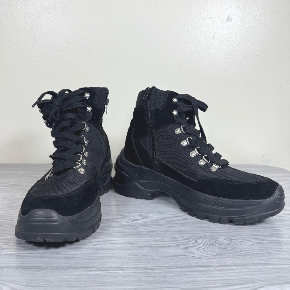 Steve Madden Hiking Combat Boots Riland Womens Black Suede Platform Lug Sole 9.5
